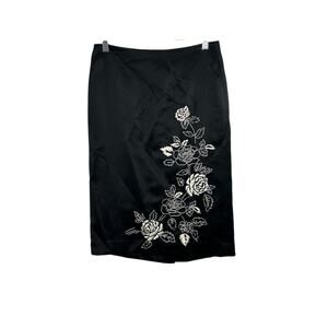 Ann Taylor Loft Black & Silver Rose Satin Knee Length Pencil Skirt Women's 6P